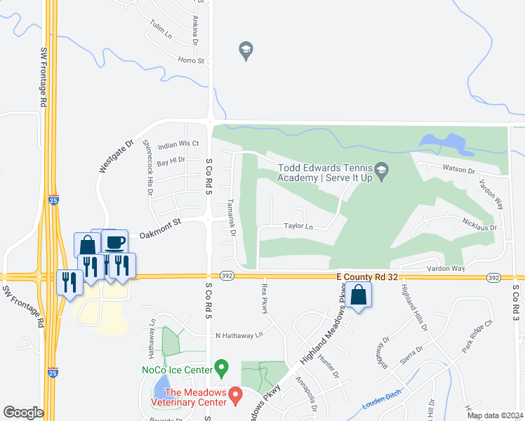map of restaurants, bars, coffee shops, grocery stores, and more near 7321 Didrickson Court in Fort Collins