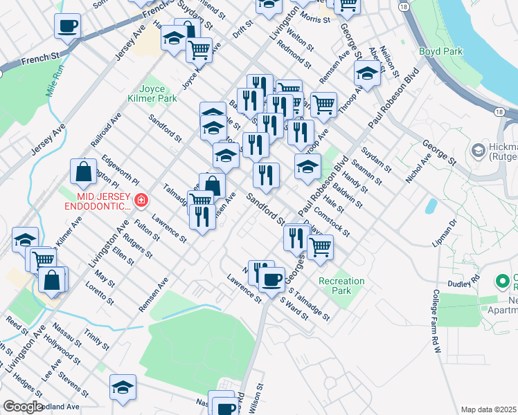 map of restaurants, bars, coffee shops, grocery stores, and more near 120 Sandford Street in New Brunswick