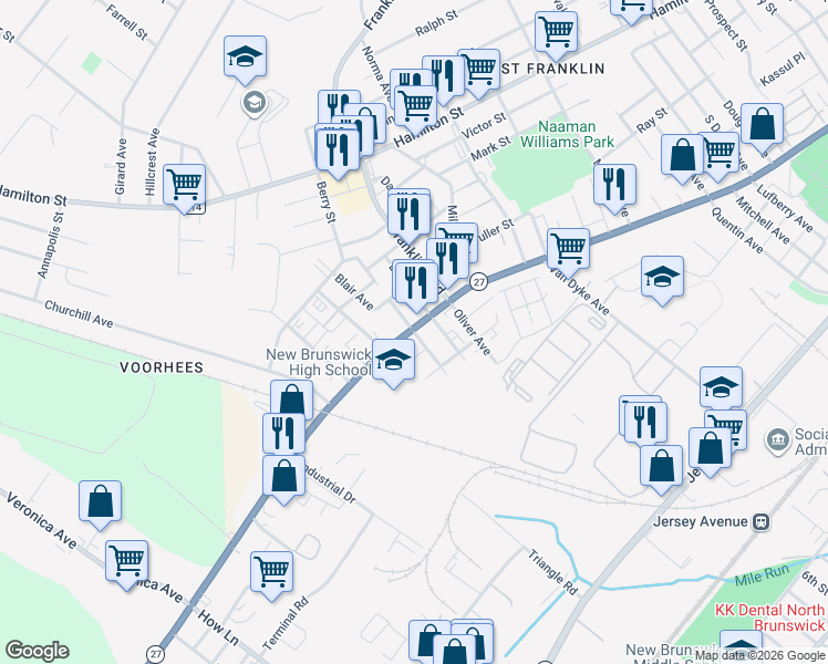 map of restaurants, bars, coffee shops, grocery stores, and more near 2 Camner Avenue in Franklin Township