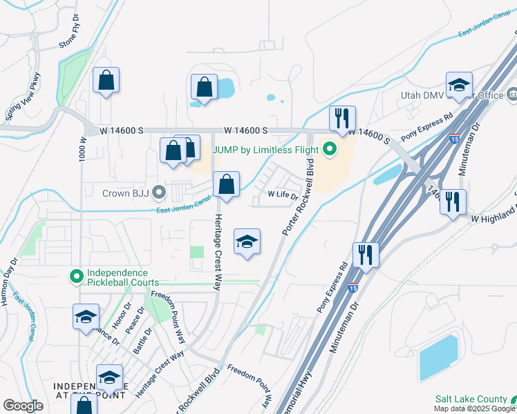 map of restaurants, bars, coffee shops, grocery stores, and more near Koins Way in Bluffdale