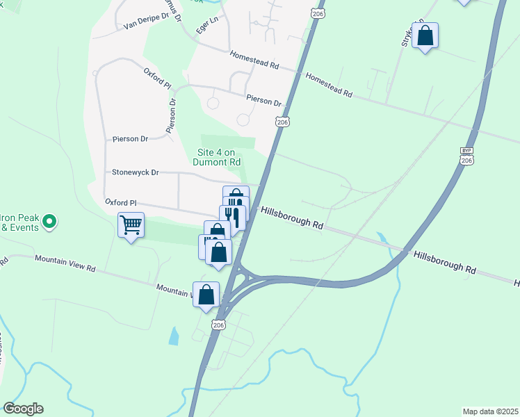 map of restaurants, bars, coffee shops, grocery stores, and more near in Hillsborough Township
