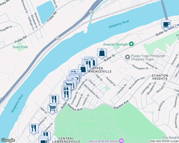 map of restaurants, bars, coffee shops, grocery stores, and more near 5313 Carnegie Street in Pittsburgh