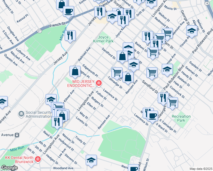 map of restaurants, bars, coffee shops, grocery stores, and more near 209 Lawrence Street in New Brunswick