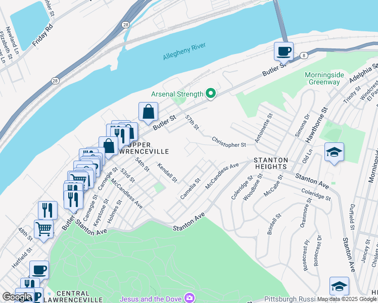 map of restaurants, bars, coffee shops, grocery stores, and more near 5603 Celadine Street in Pittsburgh