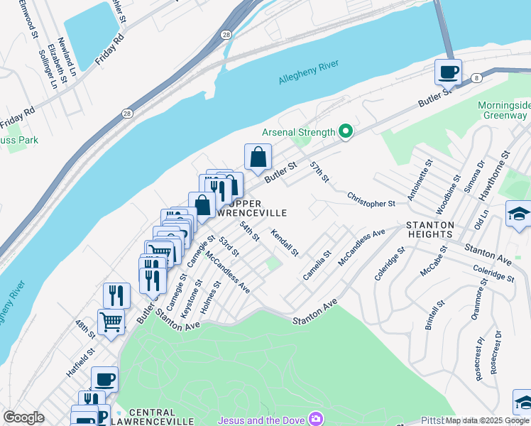 map of restaurants, bars, coffee shops, grocery stores, and more near 515 Kendall Street in Pittsburgh