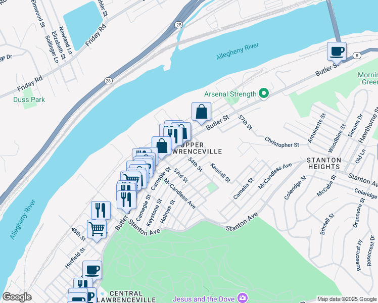 map of restaurants, bars, coffee shops, grocery stores, and more near 5400 Natrona Way in Pittsburgh