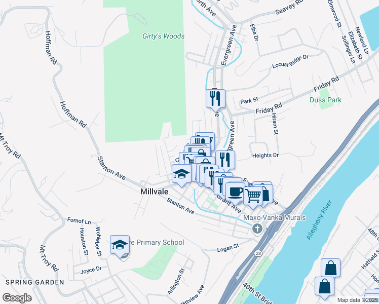 map of restaurants, bars, coffee shops, grocery stores, and more near 223 Sample Street in Pittsburgh