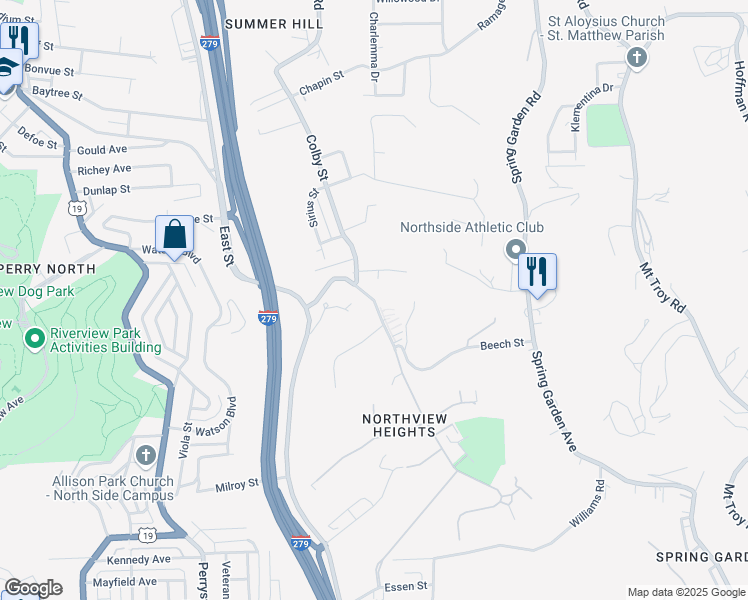 map of restaurants, bars, coffee shops, grocery stores, and more near 319 Mount Pleasant Road in Pittsburgh