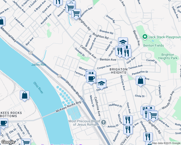 map of restaurants, bars, coffee shops, grocery stores, and more near 3639 California Avenue in Pittsburgh