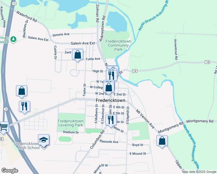 map of restaurants, bars, coffee shops, grocery stores, and more near 39 West 2nd Street in Fredericktown