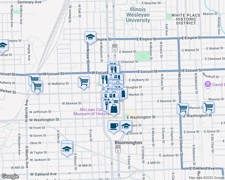 map of restaurants, bars, coffee shops, grocery stores, and more near 202 West Market Street in Bloomington