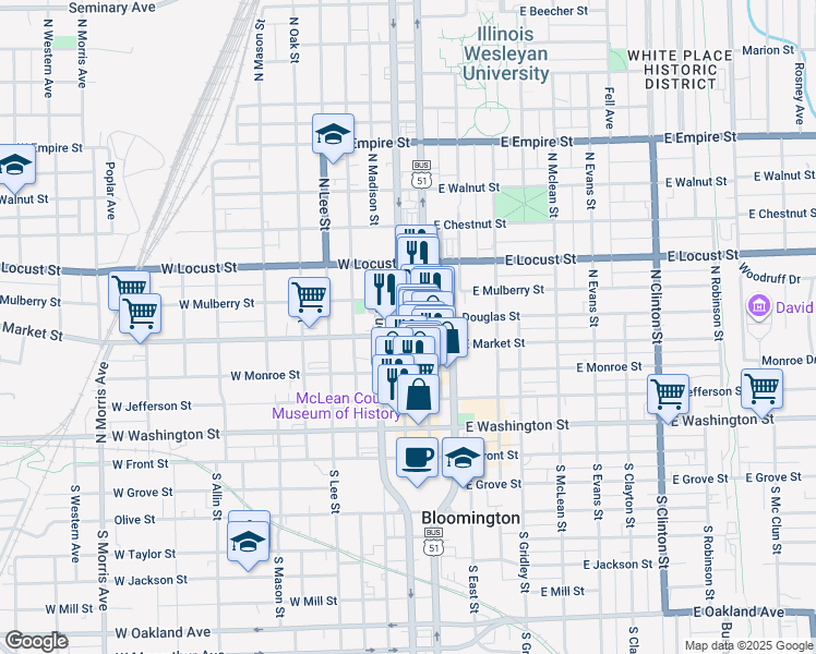 map of restaurants, bars, coffee shops, grocery stores, and more near 202 West Market Street in Bloomington