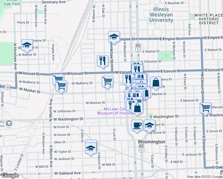 map of restaurants, bars, coffee shops, grocery stores, and more near in Bloomington