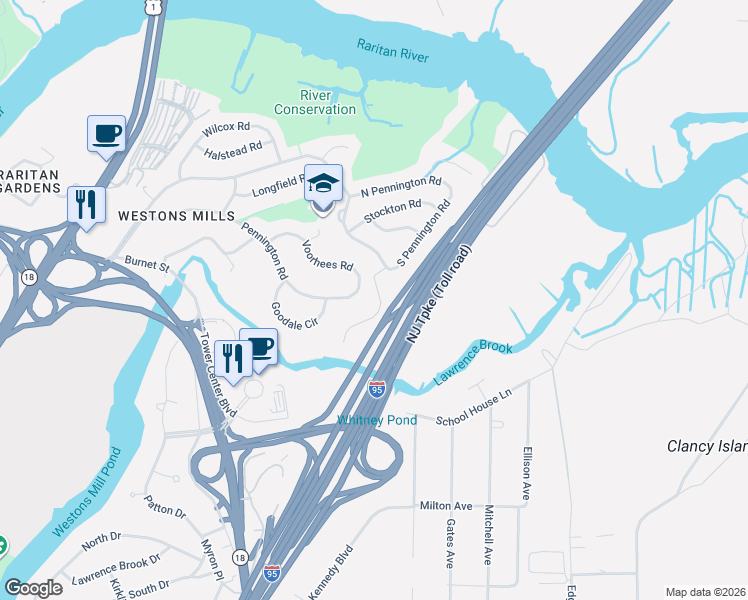map of restaurants, bars, coffee shops, grocery stores, and more near 89 South Pennington Road in New Brunswick