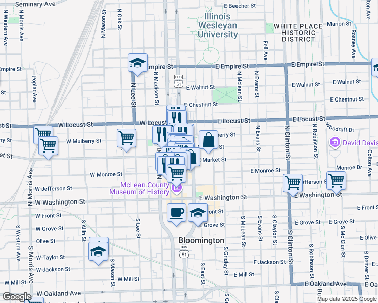 map of restaurants, bars, coffee shops, grocery stores, and more near 108 East Market Street in Bloomington