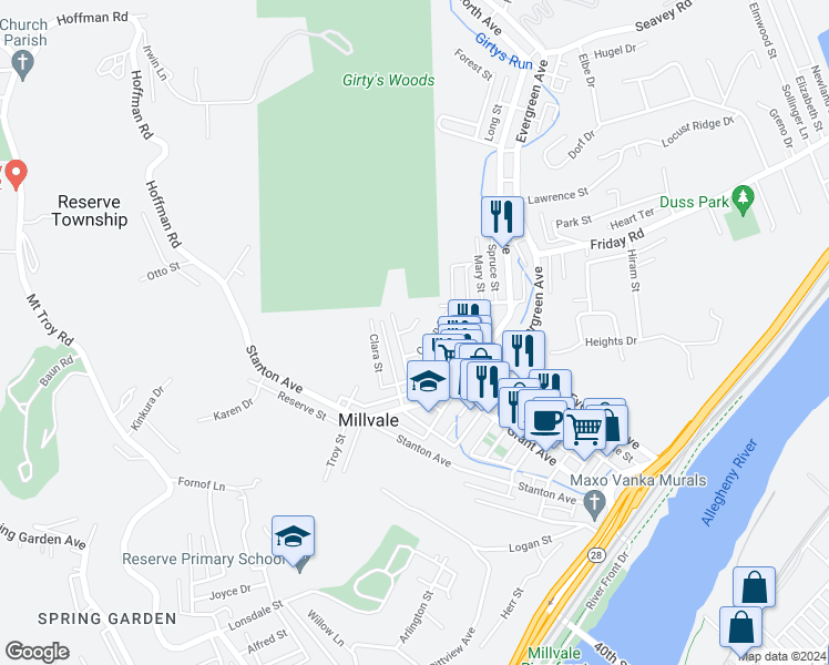 map of restaurants, bars, coffee shops, grocery stores, and more near 116 Lippert Street in Pittsburgh