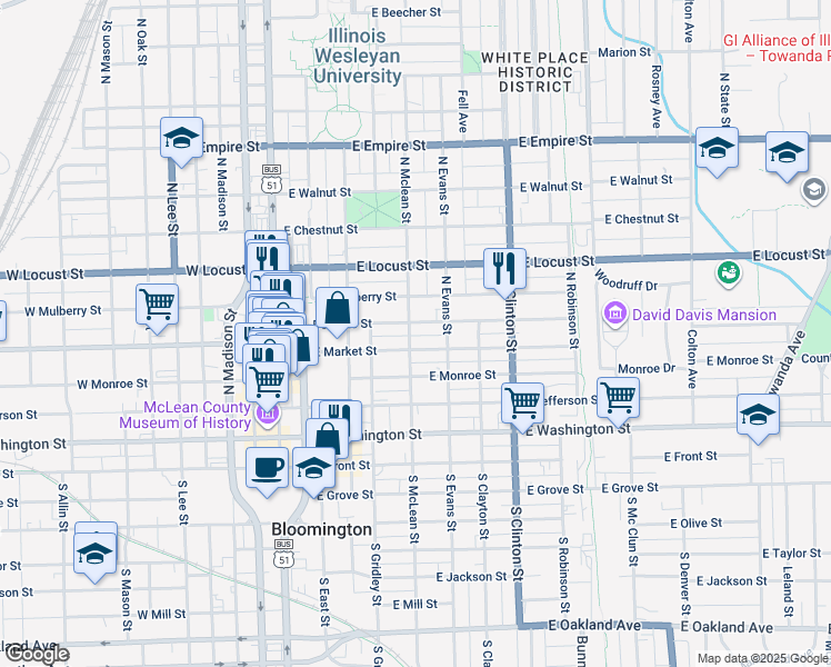 map of restaurants, bars, coffee shops, grocery stores, and more near 505 North Mclean Street in Bloomington
