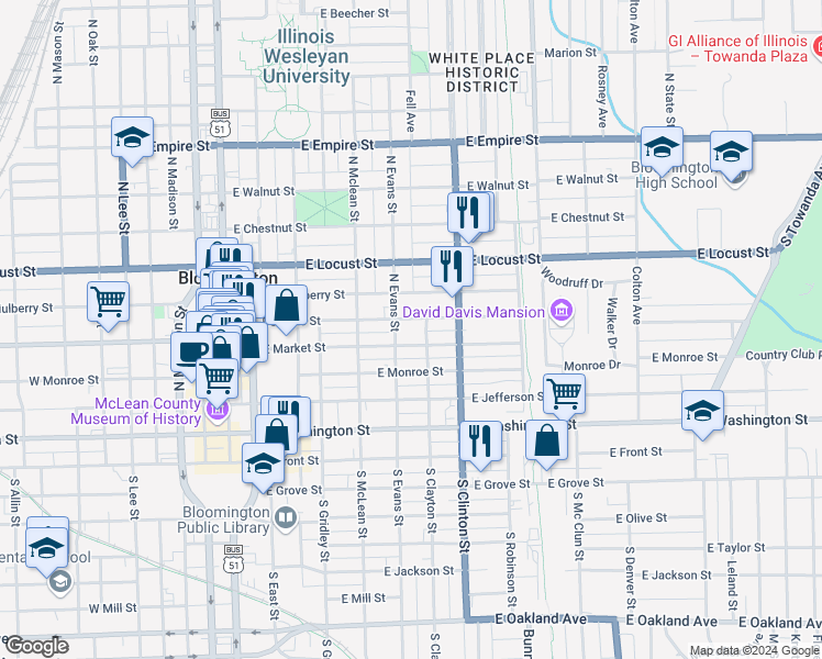 map of restaurants, bars, coffee shops, grocery stores, and more near 605 1/2 Douglas Street in Bloomington