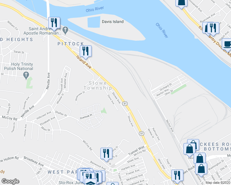 map of restaurants, bars, coffee shops, grocery stores, and more near 1337 Island Avenue in McKees Rocks