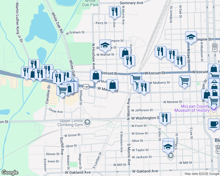 map of restaurants, bars, coffee shops, grocery stores, and more near 1210 W Market St in Bloomington