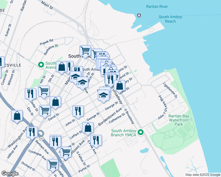 map of restaurants, bars, coffee shops, grocery stores, and more near 214 John Street in South Amboy