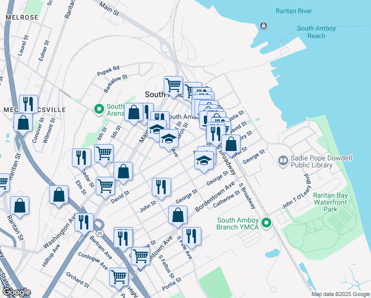 map of restaurants, bars, coffee shops, grocery stores, and more near 101 North Stevens Avenue in South Amboy