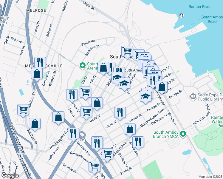 map of restaurants, bars, coffee shops, grocery stores, and more near 341 2nd Street in South Amboy