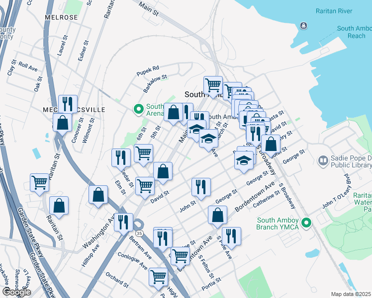 map of restaurants, bars, coffee shops, grocery stores, and more near 341 2nd Street in South Amboy