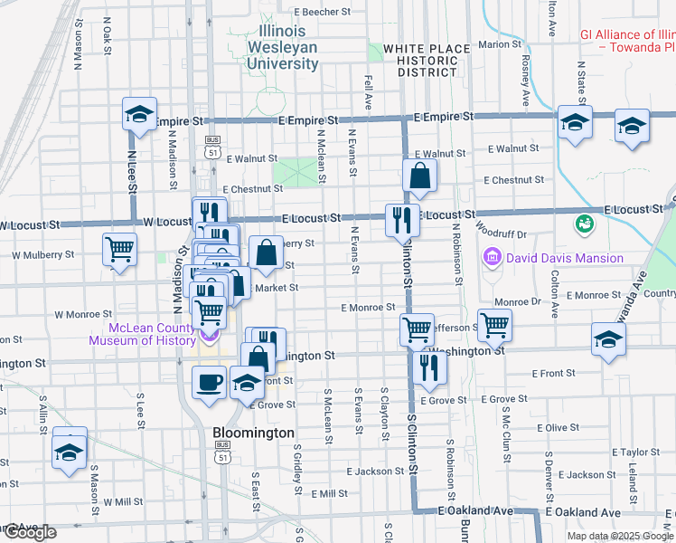 map of restaurants, bars, coffee shops, grocery stores, and more near 511 East Market Street in Bloomington