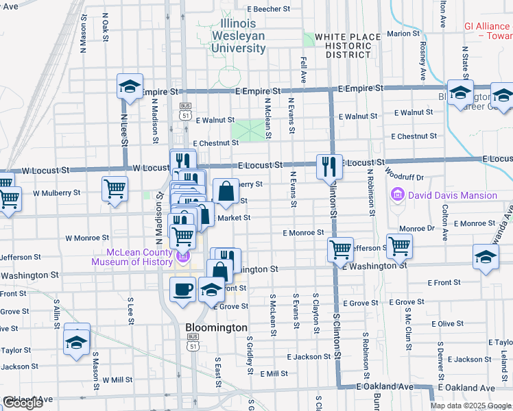 map of restaurants, bars, coffee shops, grocery stores, and more near 411 East Market Street in Bloomington