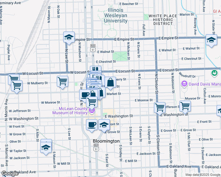 map of restaurants, bars, coffee shops, grocery stores, and more near 208 East Market Street in Bloomington