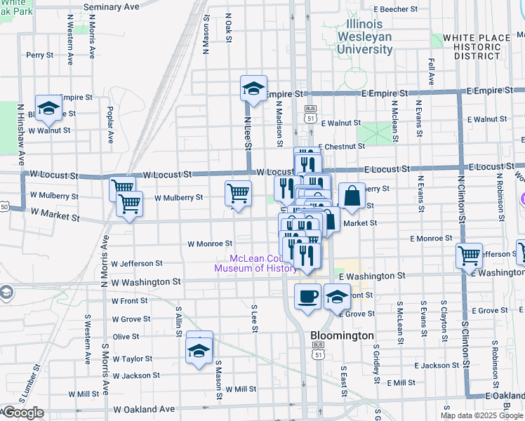 map of restaurants, bars, coffee shops, grocery stores, and more near 409 North Roosevelt Avenue in Bloomington