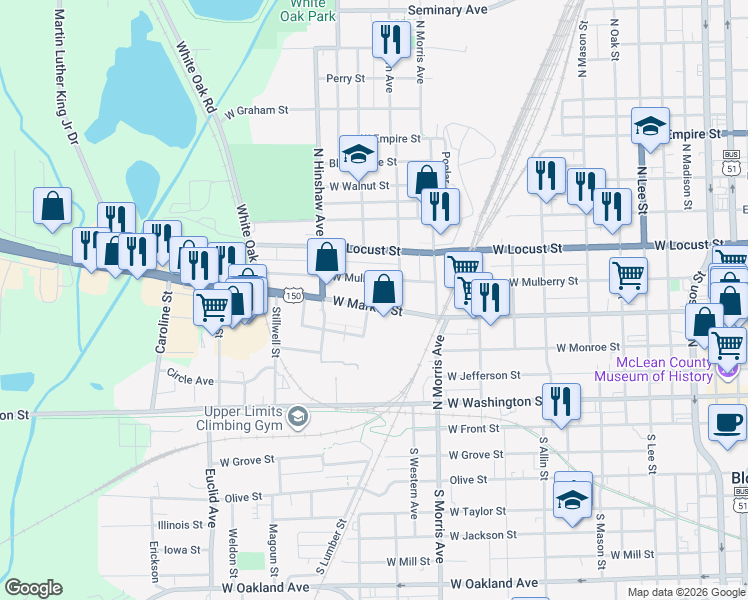 map of restaurants, bars, coffee shops, grocery stores, and more near 408 North Livingston Street in Bloomington
