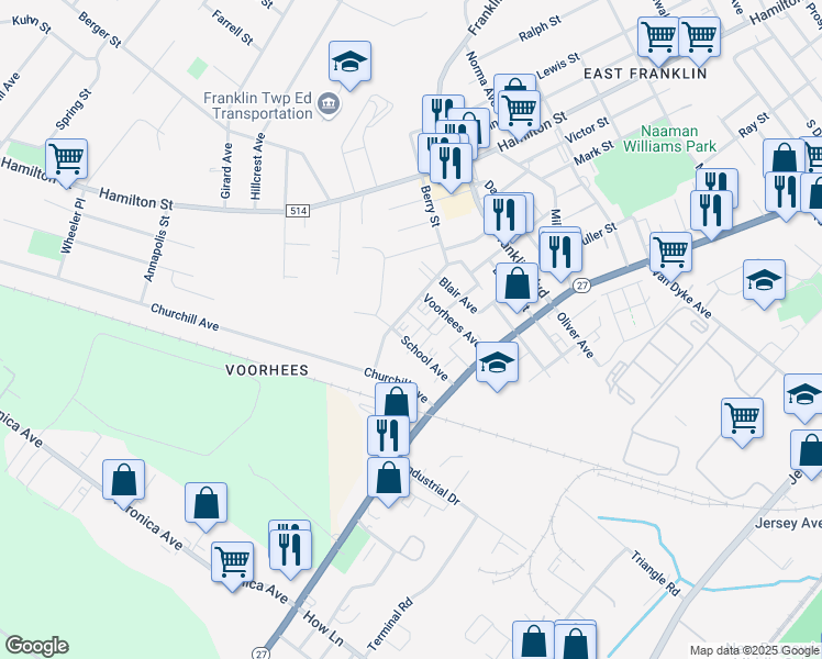 map of restaurants, bars, coffee shops, grocery stores, and more near 1 Shepherd Street in Franklin Township