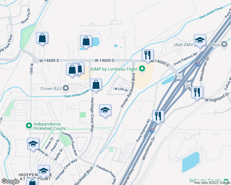 map of restaurants, bars, coffee shops, grocery stores, and more near 628 Koins Way in Bluffdale