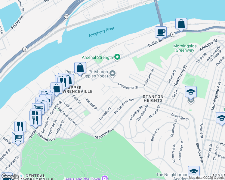 map of restaurants, bars, coffee shops, grocery stores, and more near 249 57th Street in Pittsburgh