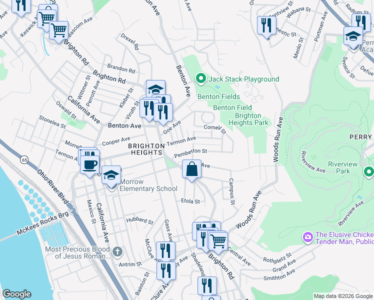map of restaurants, bars, coffee shops, grocery stores, and more near 1161 Termon Avenue in Pittsburgh