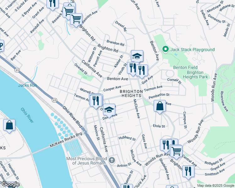 map of restaurants, bars, coffee shops, grocery stores, and more near 1508 Cooper Avenue in Pittsburgh