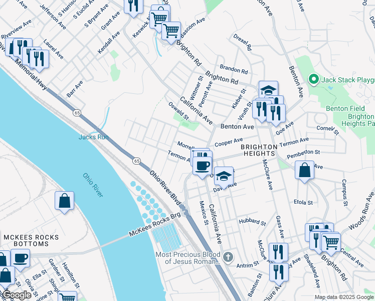 map of restaurants, bars, coffee shops, grocery stores, and more near 1905 Marmaduke Street in Pittsburgh