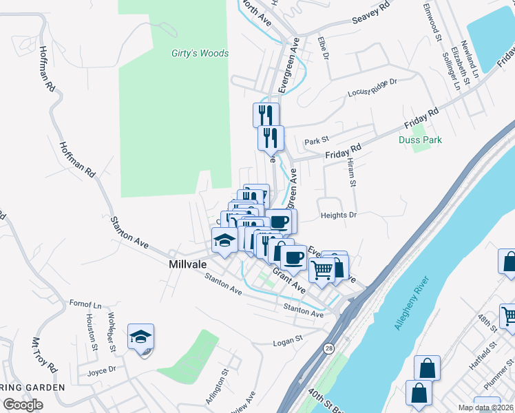 map of restaurants, bars, coffee shops, grocery stores, and more near 118 Elizabeth Street in Millvale