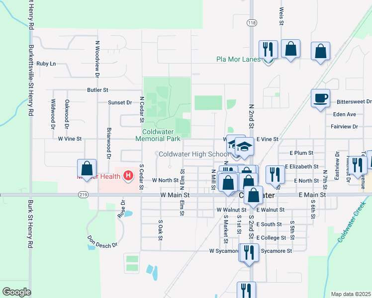 map of restaurants, bars, coffee shops, grocery stores, and more near 403 North Elm Street in Coldwater