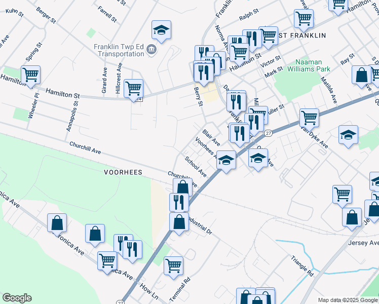 map of restaurants, bars, coffee shops, grocery stores, and more near 1 Shepherd Street in Franklin Township