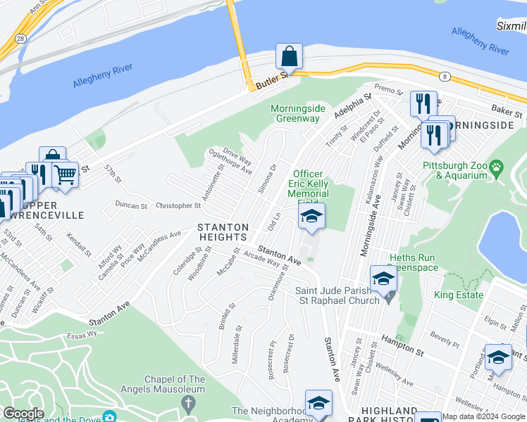 map of restaurants, bars, coffee shops, grocery stores, and more near 4529 Fairfield Street in Pittsburgh