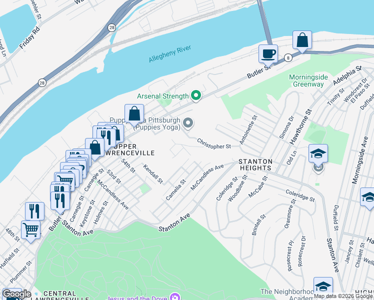 map of restaurants, bars, coffee shops, grocery stores, and more near 249 57th Street in Pittsburgh