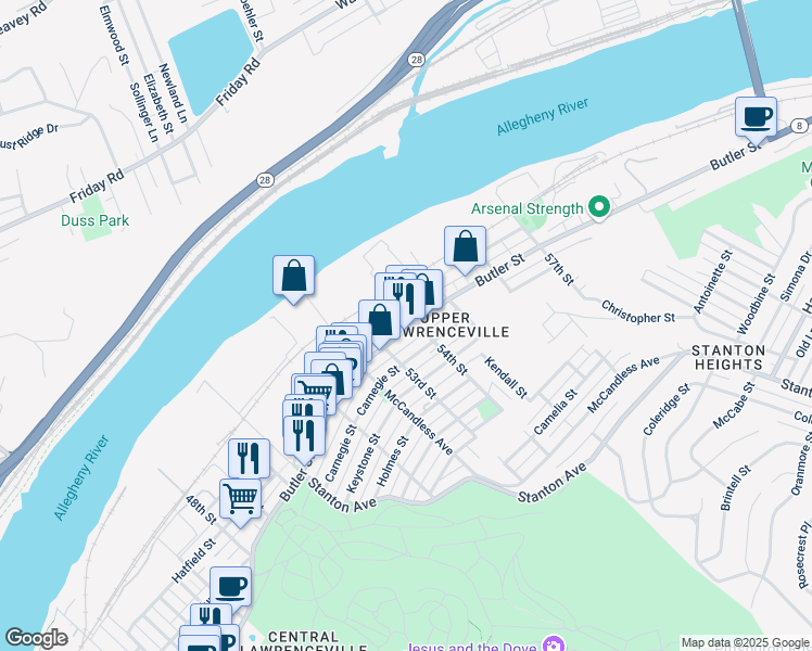 map of restaurants, bars, coffee shops, grocery stores, and more near 5410 Harrison Street in Pittsburgh