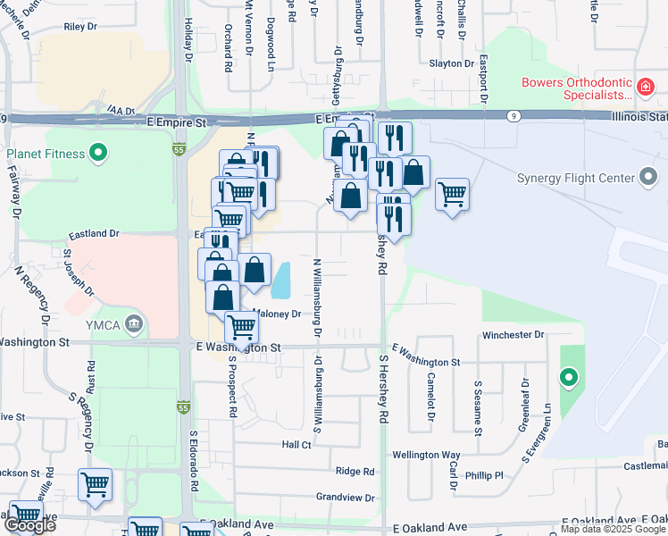 map of restaurants, bars, coffee shops, grocery stores, and more near 2103 Eastland Drive in Bloomington