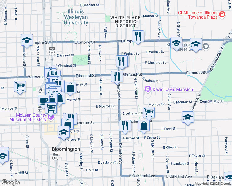 map of restaurants, bars, coffee shops, grocery stores, and more near 609 North Clinton Street in Bloomington