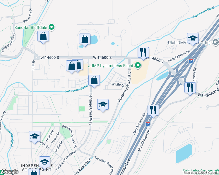 map of restaurants, bars, coffee shops, grocery stores, and more near 14787 Rising Star Way in Bluffdale
