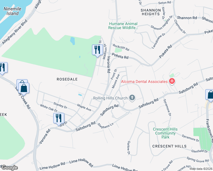 map of restaurants, bars, coffee shops, grocery stores, and more near 5549 Verona Road in Verona