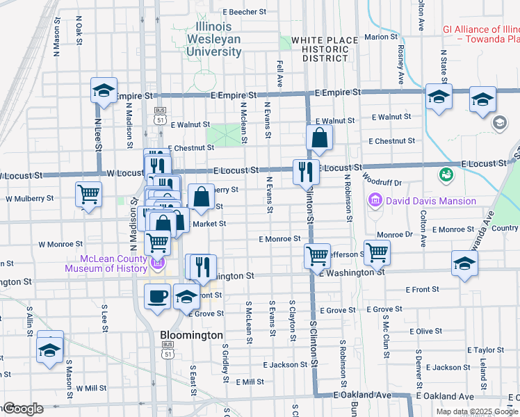 map of restaurants, bars, coffee shops, grocery stores, and more near 507 Douglas Street in Bloomington